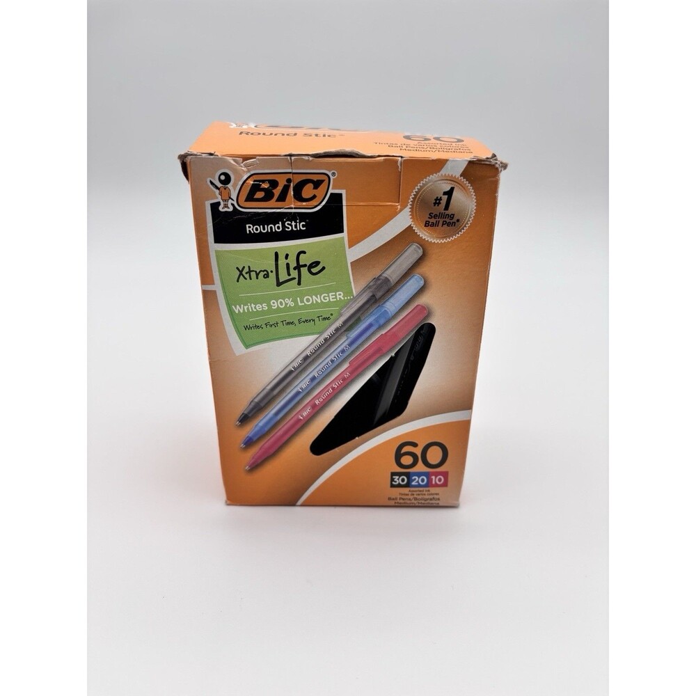 BIC Round Stic Xtra Life Ballpoint Pens Medium Point Assorted Colors 60-Count